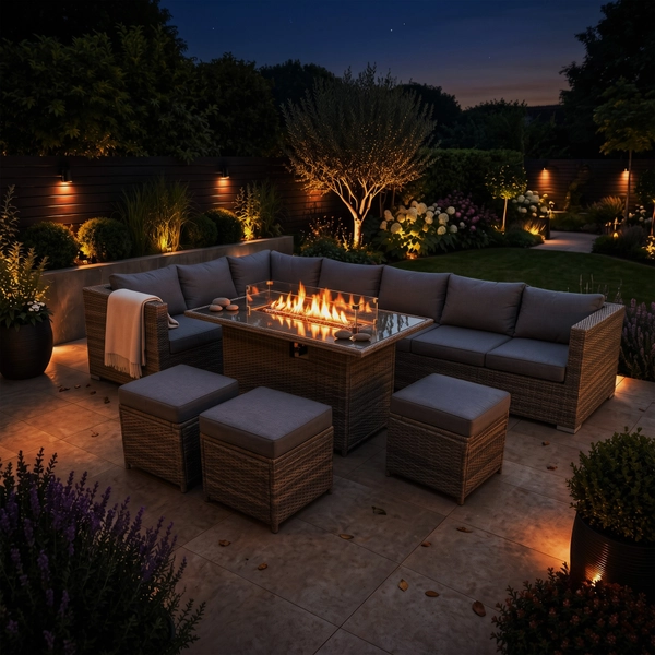 Willow 8 Seater Fire Pit Corner garden lounge set with 3 stools